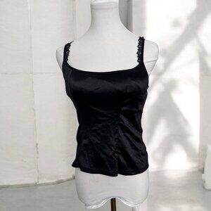 Vintage  Black satin and lace Women's Top with built in bra goth whimsy fairy S